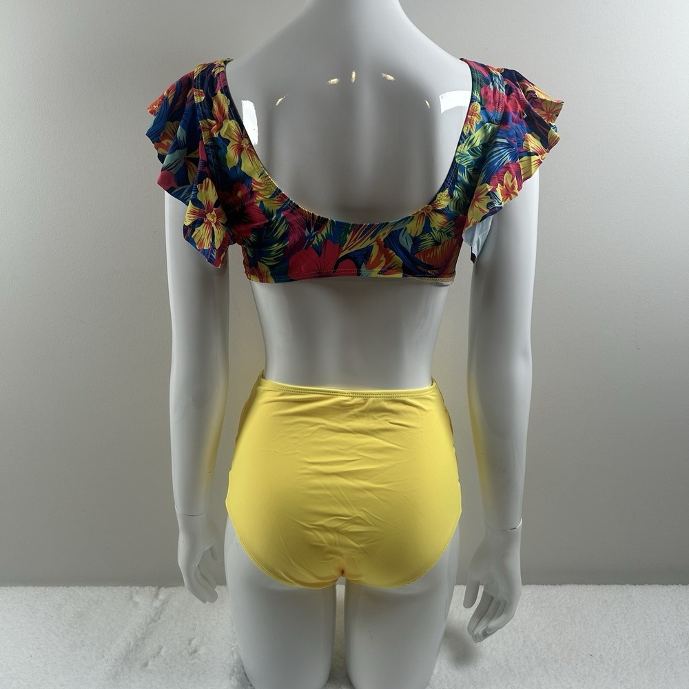 Bikini Set Womens Small Multicolor Floral Ruffle Top High Waist Yellow Bottom - Picture 13 of 16
